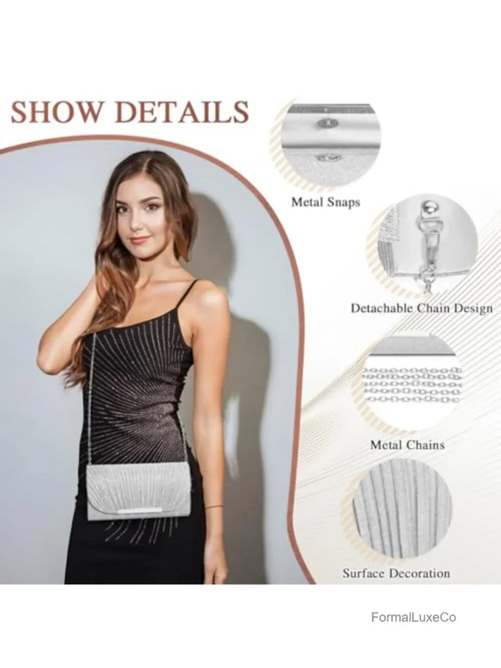 Satin Sequin Clutch Evening Bag with Detachable Strap